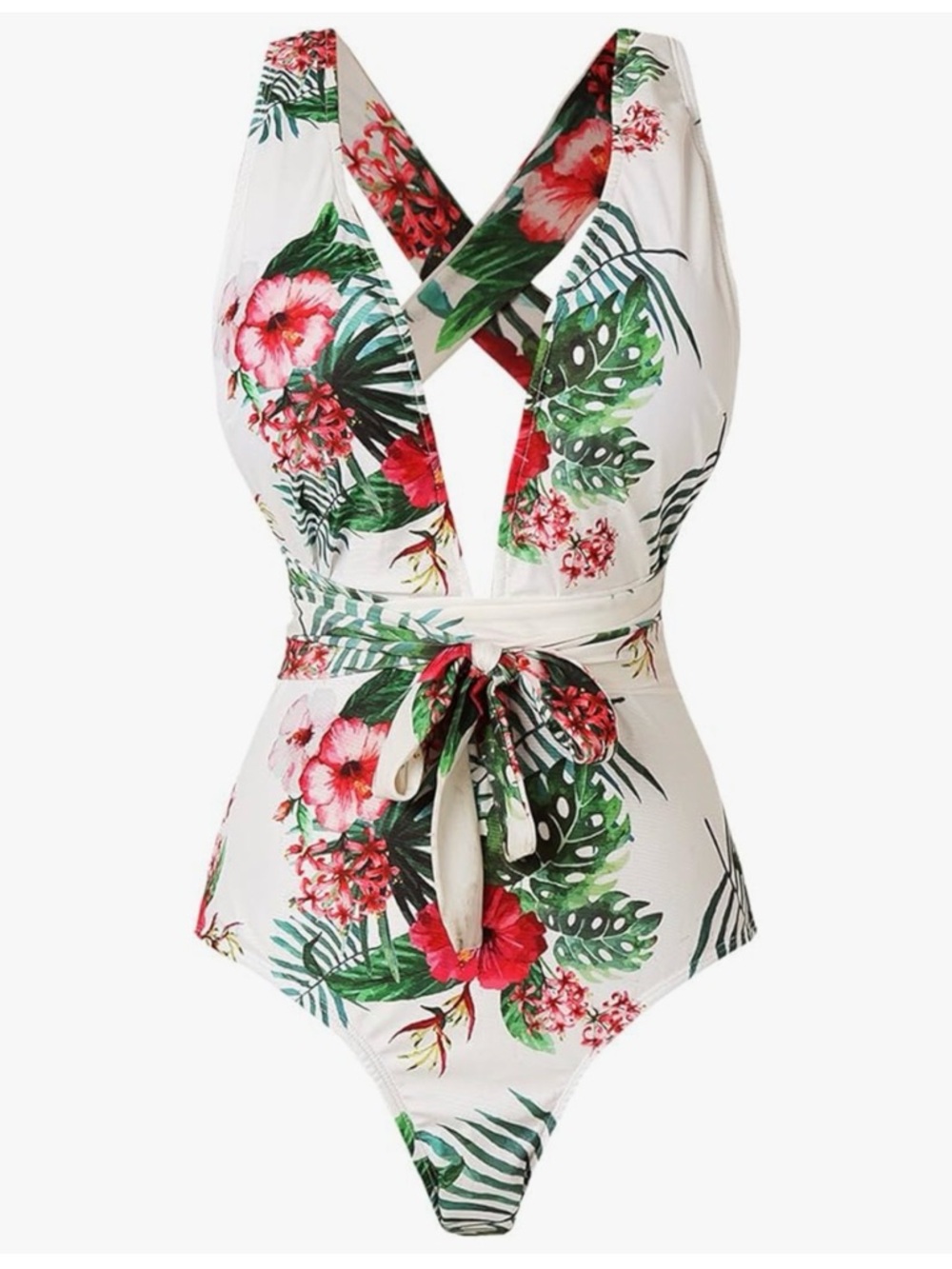 Women’s Tropical Floral Tie-Waist One-Piece - White & Green